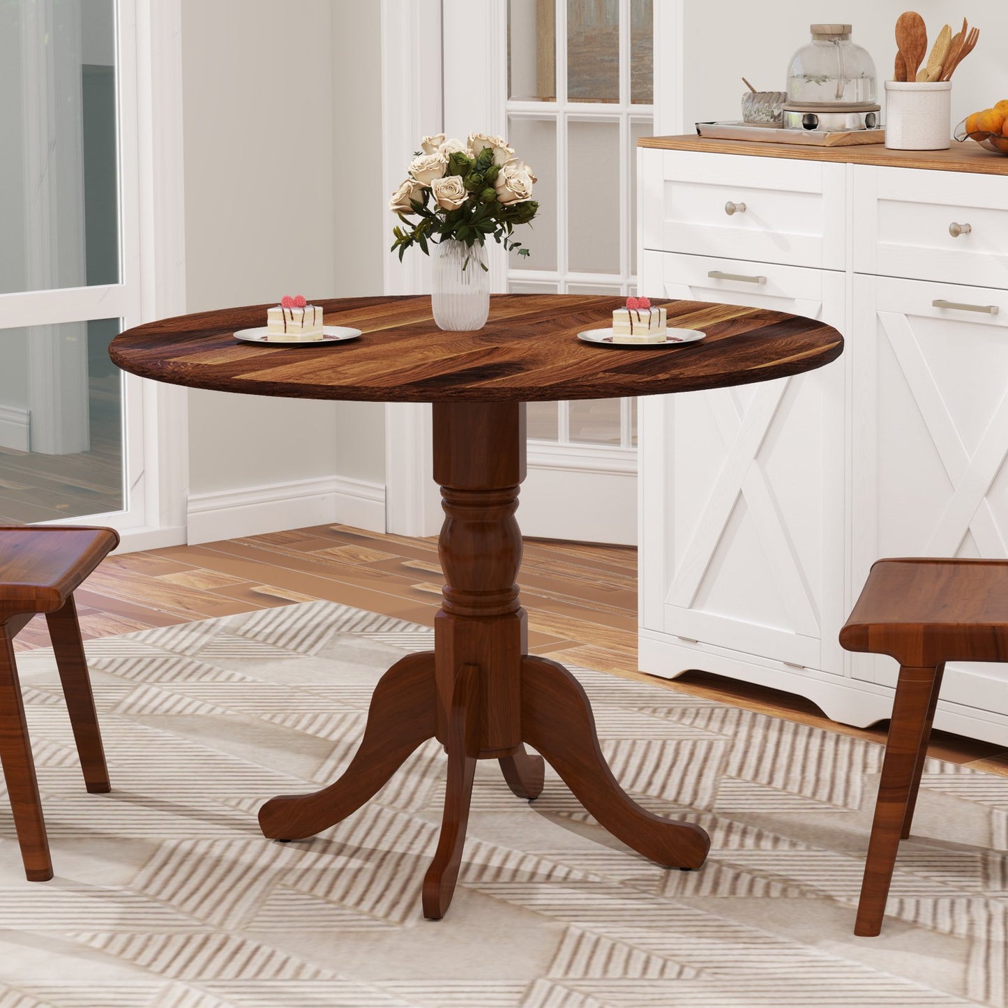 Wooden Dining Table with Round Tabletop and Curved Trestle Legs-Black