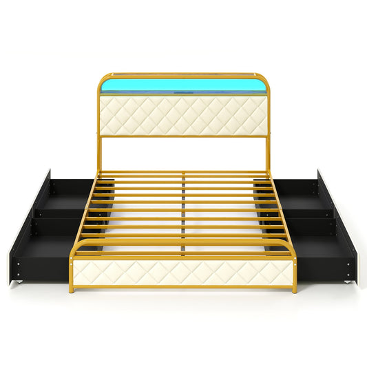 Twin/Full/Queen Size Bed Frame with LED Lights and Charging Station Gold-Full Size