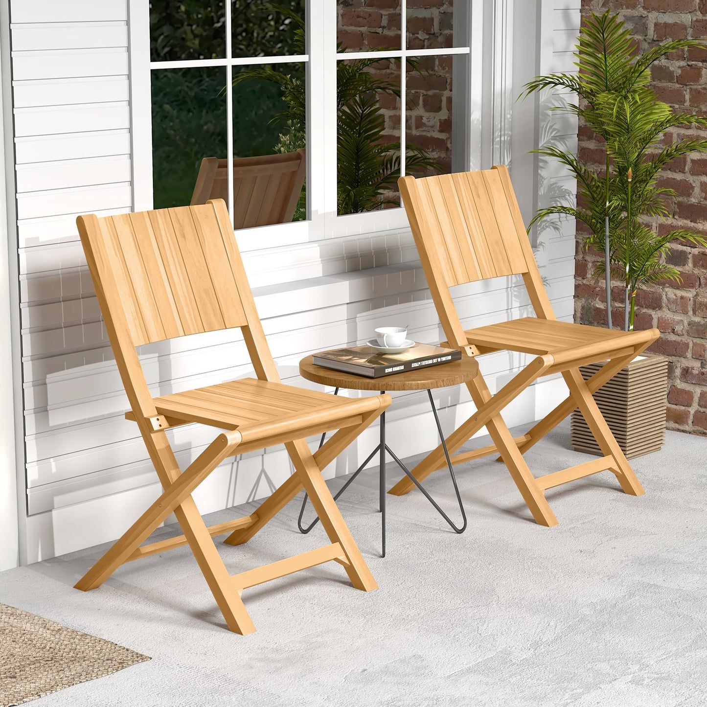 2 Pieces Teak Wood Outdoor Dining Chairs with Slatted Sea