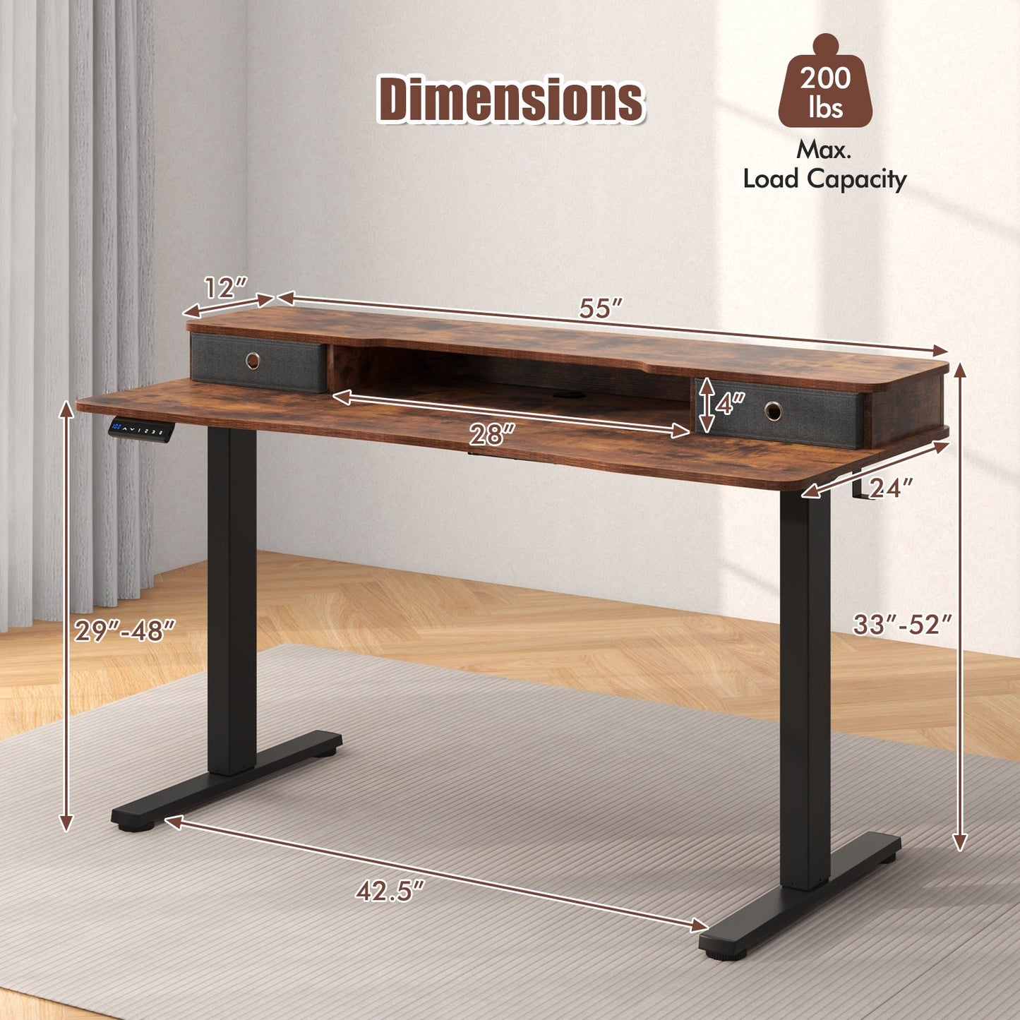 55 Inch x 24 Inch Height Adjustable Electric Standing Desk with 2 Drawers-Black