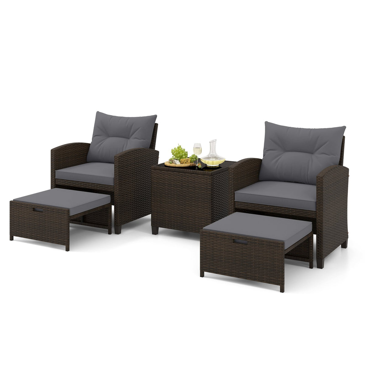 Five-piece beige patio rattan furniture set with two ottomans and a tempered glass coffee table for outdoor patio lounging.