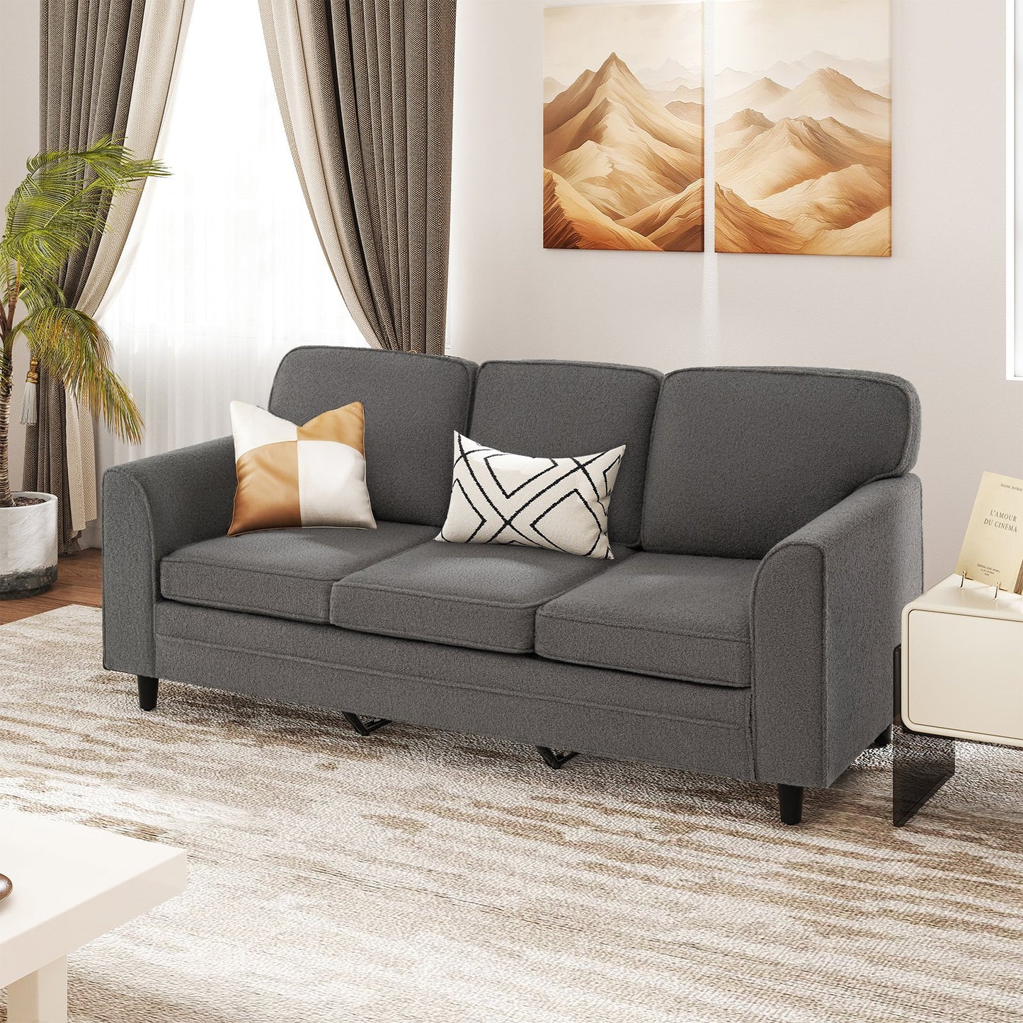 Upholstered Teddy Velvet 3-Seat Sofa with Comfy Back Pillows-Gray