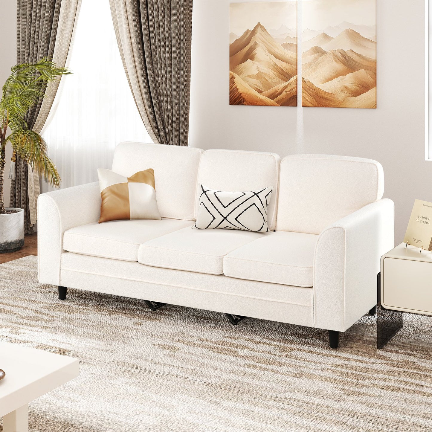 Upholstered Teddy Velvet 3-Seat Sofa with Comfy Back Pillows-Gray