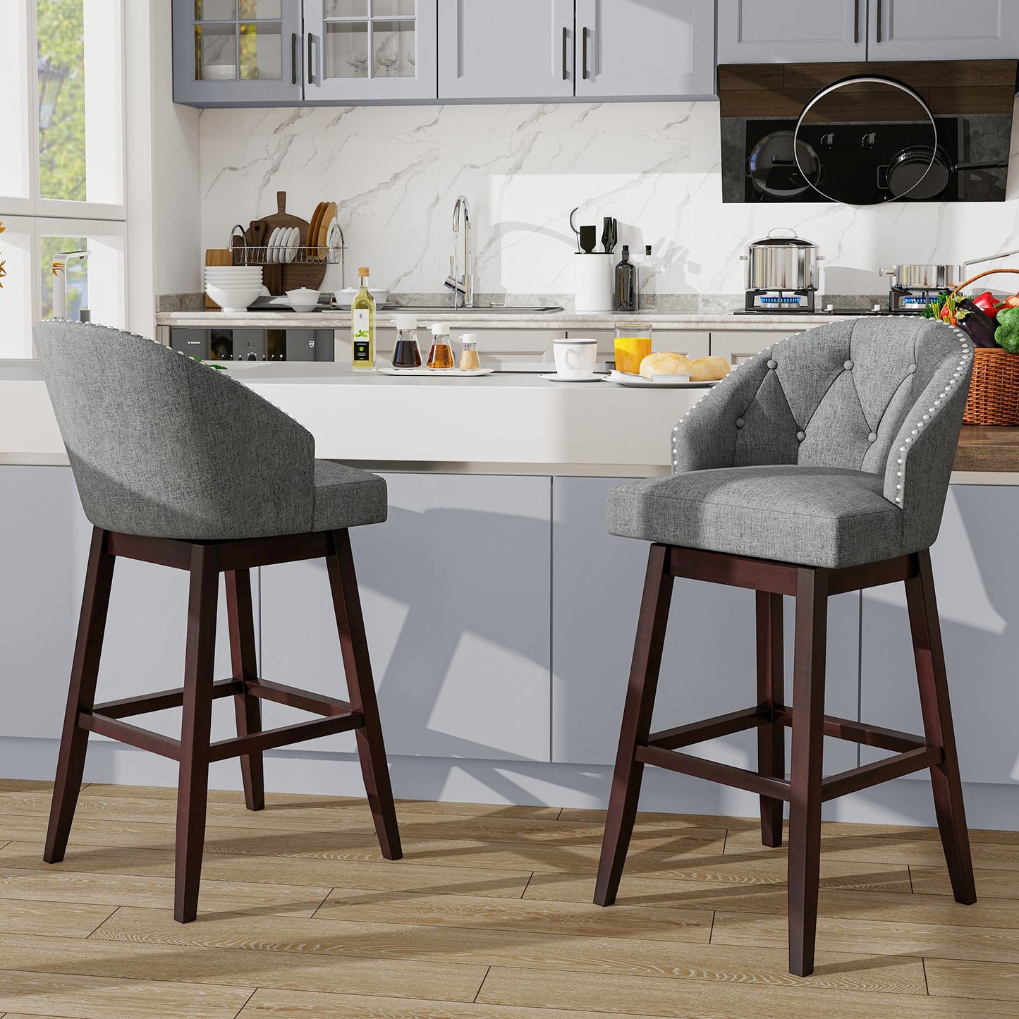 Set of 2 Swivel Bar Stools Tufted Bar Height Pub Chairs with Rubber Wood Legs-Beige