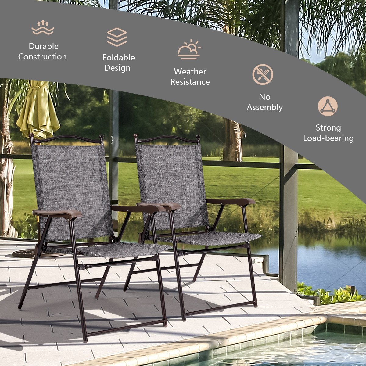 Set of 2 Patio Folding Sling Back Camping Deck Chairs-Beige