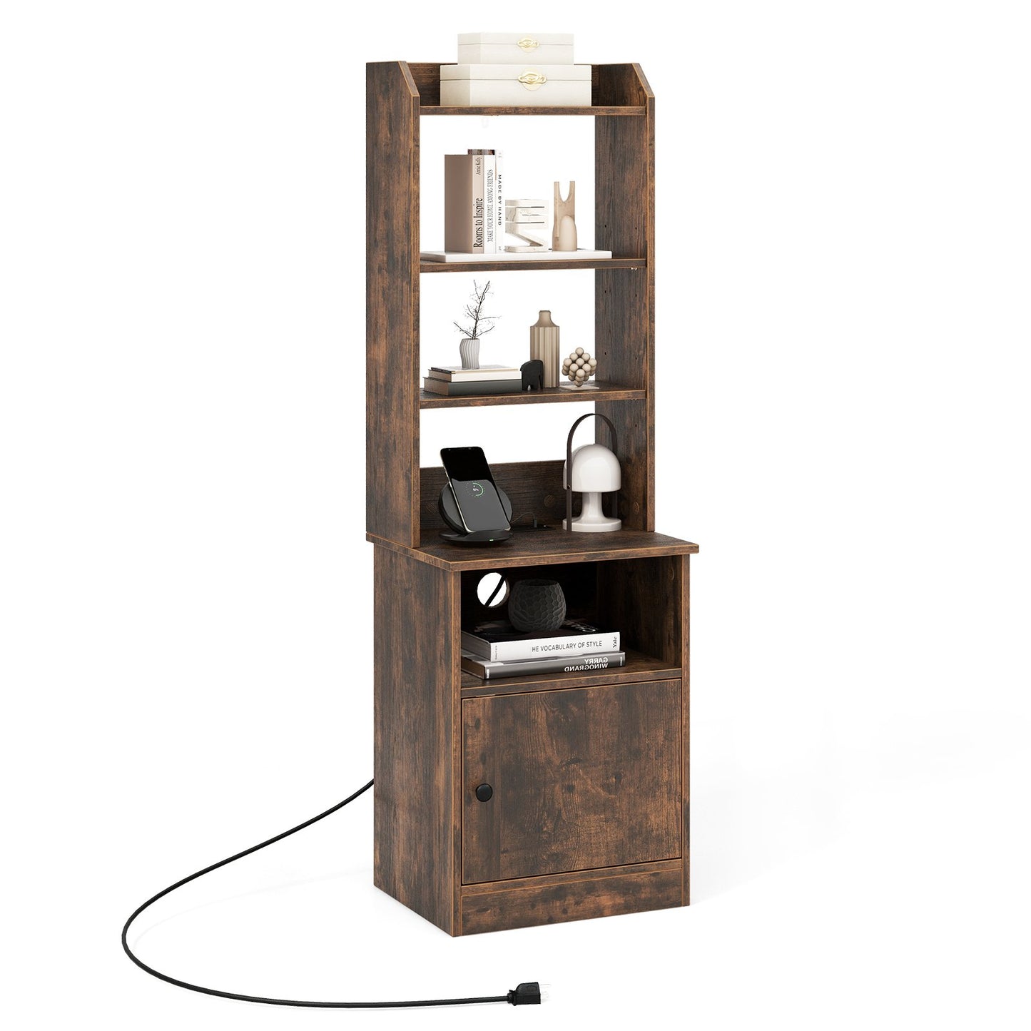 6-Tier Bookshelf Nightstand with Charging Station and Cabinet-Rustic Brown