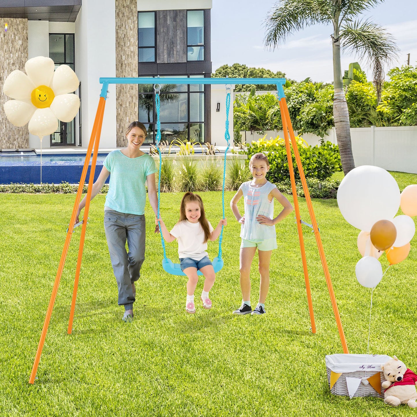 Outdoor Heavy Duty Metal Toddler Swing Set with Stand-Blue