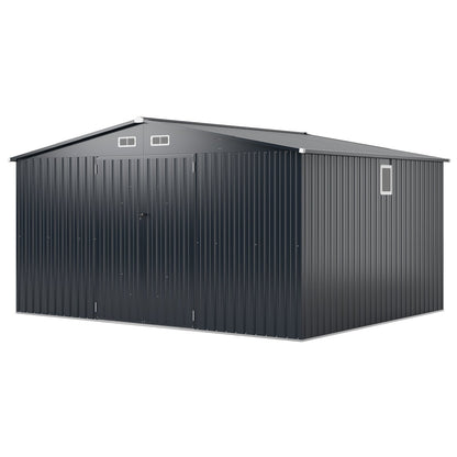 12 x 9.8 Feet Outdoor Storage Shed with Lockable Door and Pitched Roof-Gray