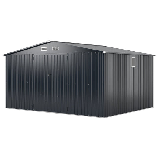 Gray 12 x 9.8 feet outdoor storage shed with lockable door and pitched roof, ideal for garden or yard storage.