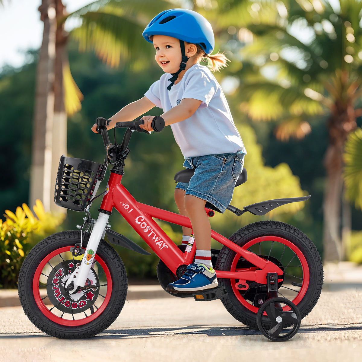 12-inch kids bike with adjustable seat, front storage basket, and double brake, suitable for children aged 3-4 years.