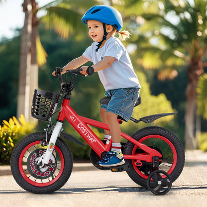 12-inch kids bike with adjustable seat, front storage basket, and double brake, suitable for children aged 3-4 years.