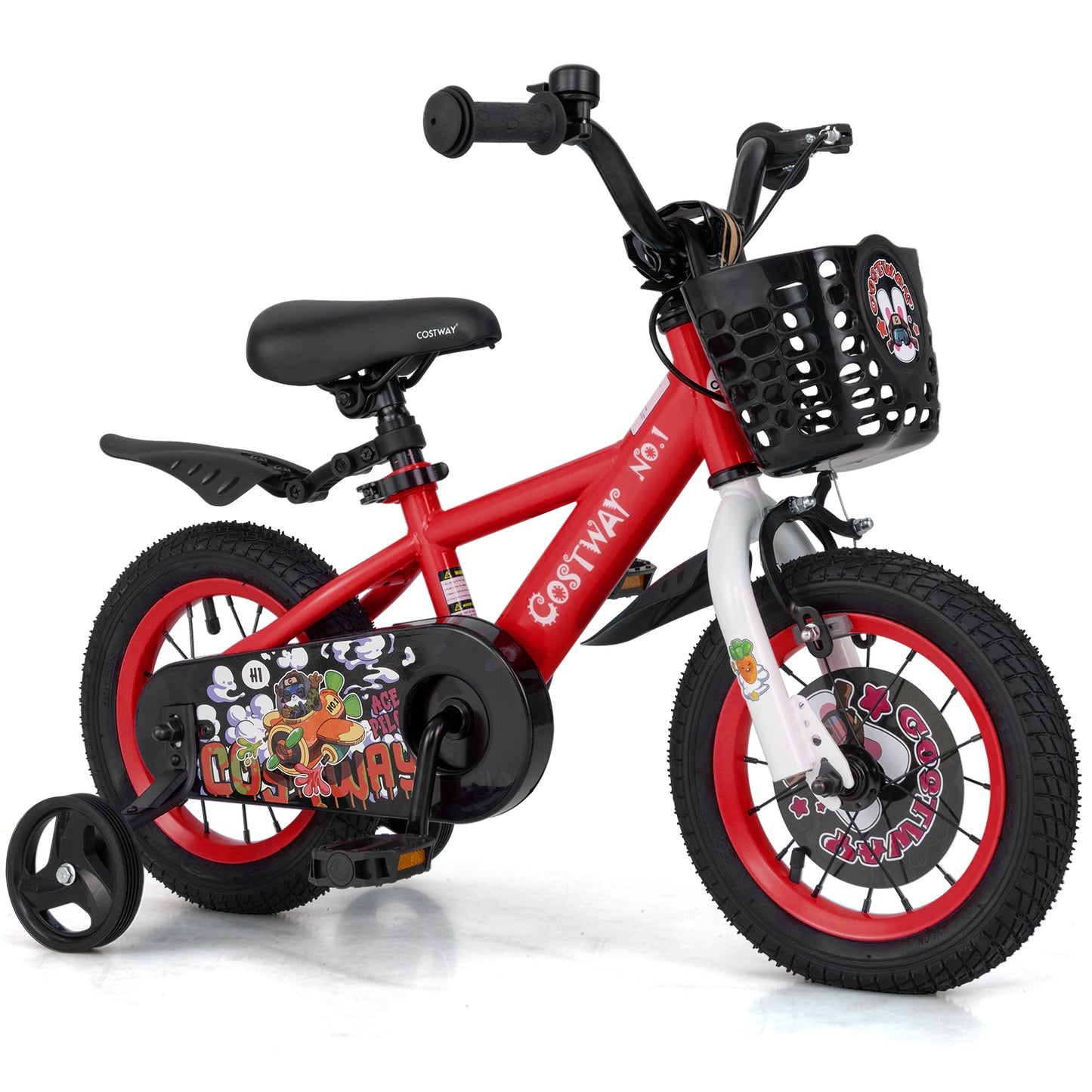 12-inch kids bike by Wilsons Home Store with adjustable seat, storage basket, and double brakes for children aged 3-4 years.