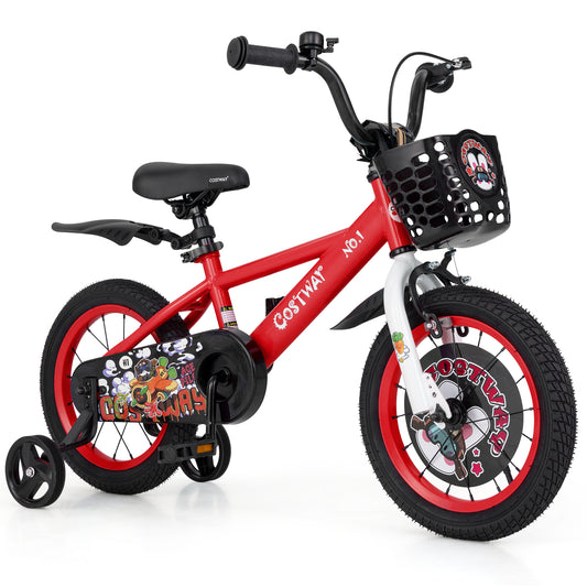 14-inch kids bike with adjustable seat, storage basket, and double brakes, suitable for children ages 3 to 5 years old.