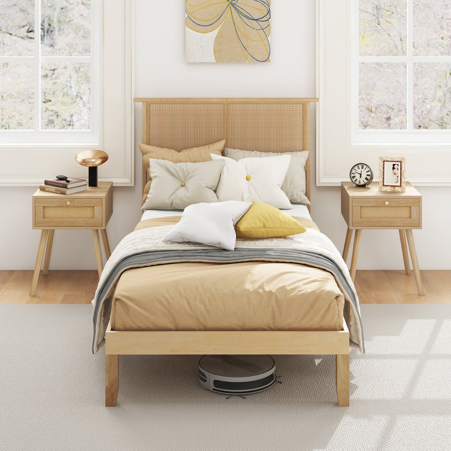 Twin/Full/Queen Size Bed Frame with Rattan Headboard-Queen Size