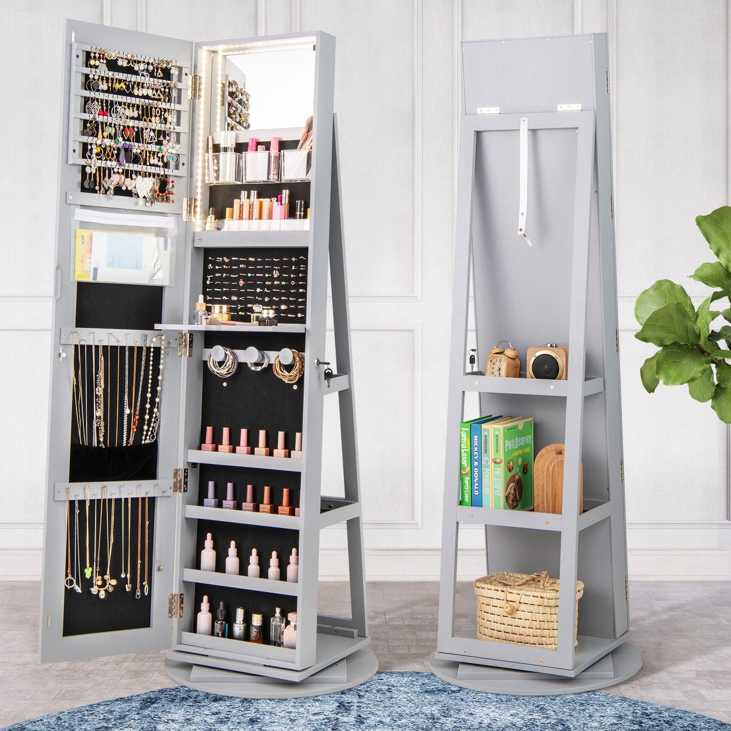 360° Rotating Mirrored Jewelry Cabinet Armoire 3 Color LED Modes Lockable-Black
