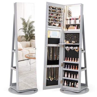 360° Rotating Mirrored Jewelry Cabinet Armoire 3 Color LED Modes Lockable-Black