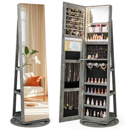 360° Rotating Mirrored Jewelry Cabinet Armoire 3 Color LED Modes Lockable-Black