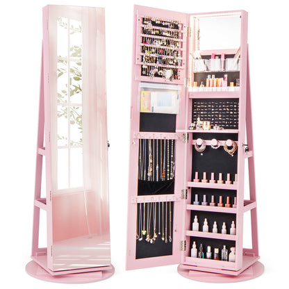 360° Rotating Mirrored Jewelry Cabinet Armoire 3 Color LED Modes Lockable-Black