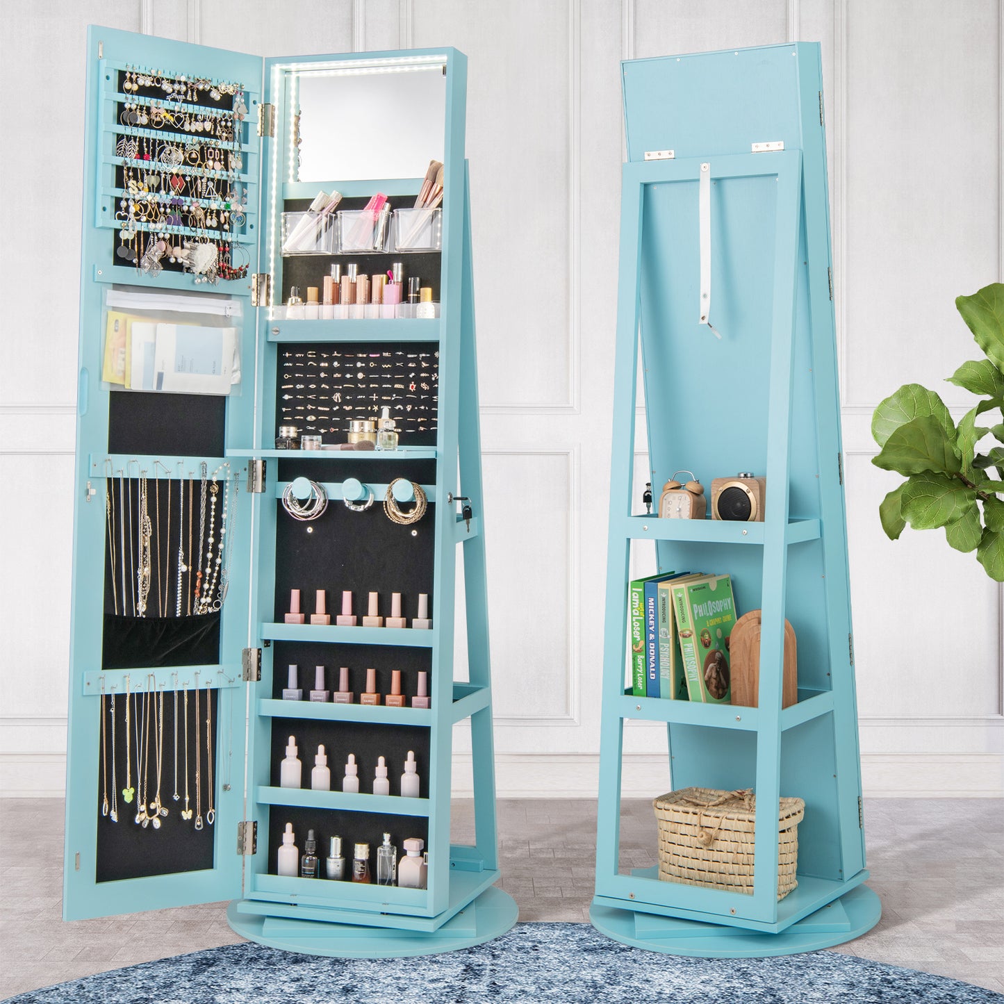 360° Rotating Mirrored Jewelry Cabinet Armoire 3 Color LED Modes Lockable-Black
