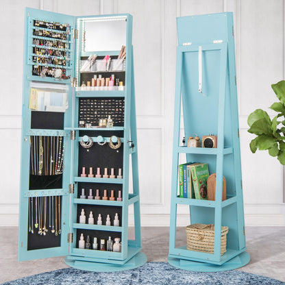 360° Rotating Mirrored Jewelry Cabinet Armoire 3 Color LED Modes Lockable-Black