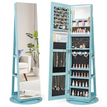 360° Rotating Mirrored Jewelry Cabinet Armoire 3 Color LED Modes Lockable-Black