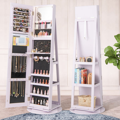 360° Rotating Mirrored Jewelry Cabinet Armoire 3 Color LED Modes Lockable-Black