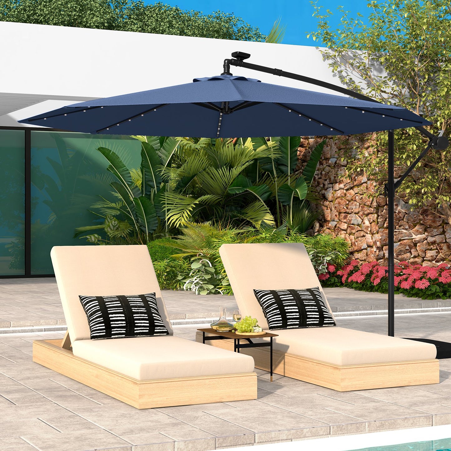 10 Feet Solar Offset Hanging Umbrella with 40 Lamp Beads and Solar Panel-Beige