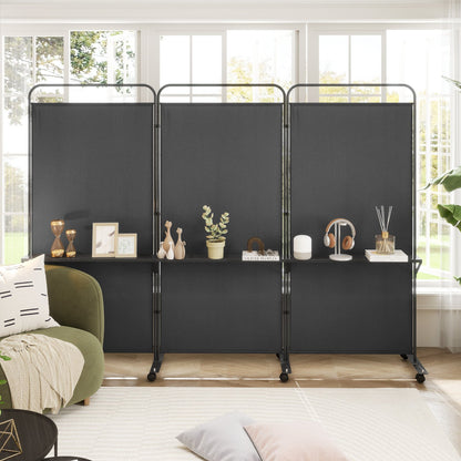 3-Panel Folding Room Divider with 3 Metal Shelves and Lockable Wheels-White