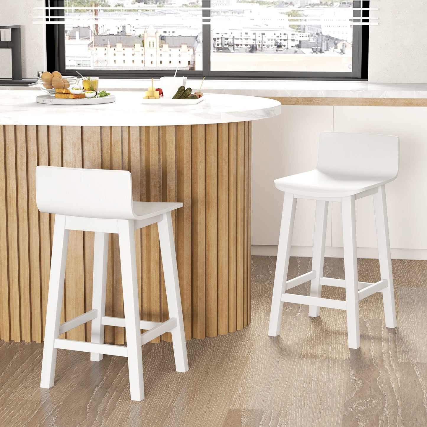 Wood Bar Stools Set of 2 with Solid Back and Seat-Black
