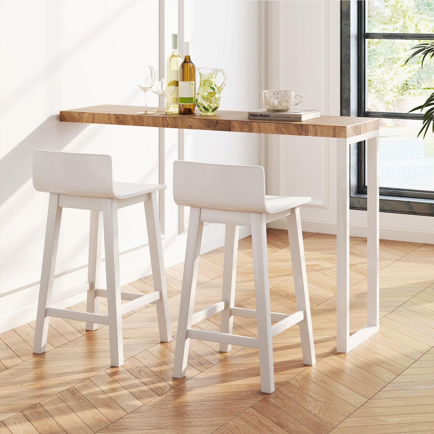 Wood Bar Stools Set of 2 with Solid Back and Seat-Black