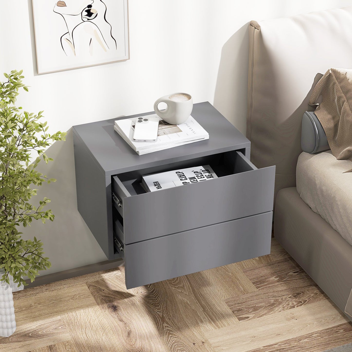 Floating Nightstand with Drawers and Storage Shelf-Gray