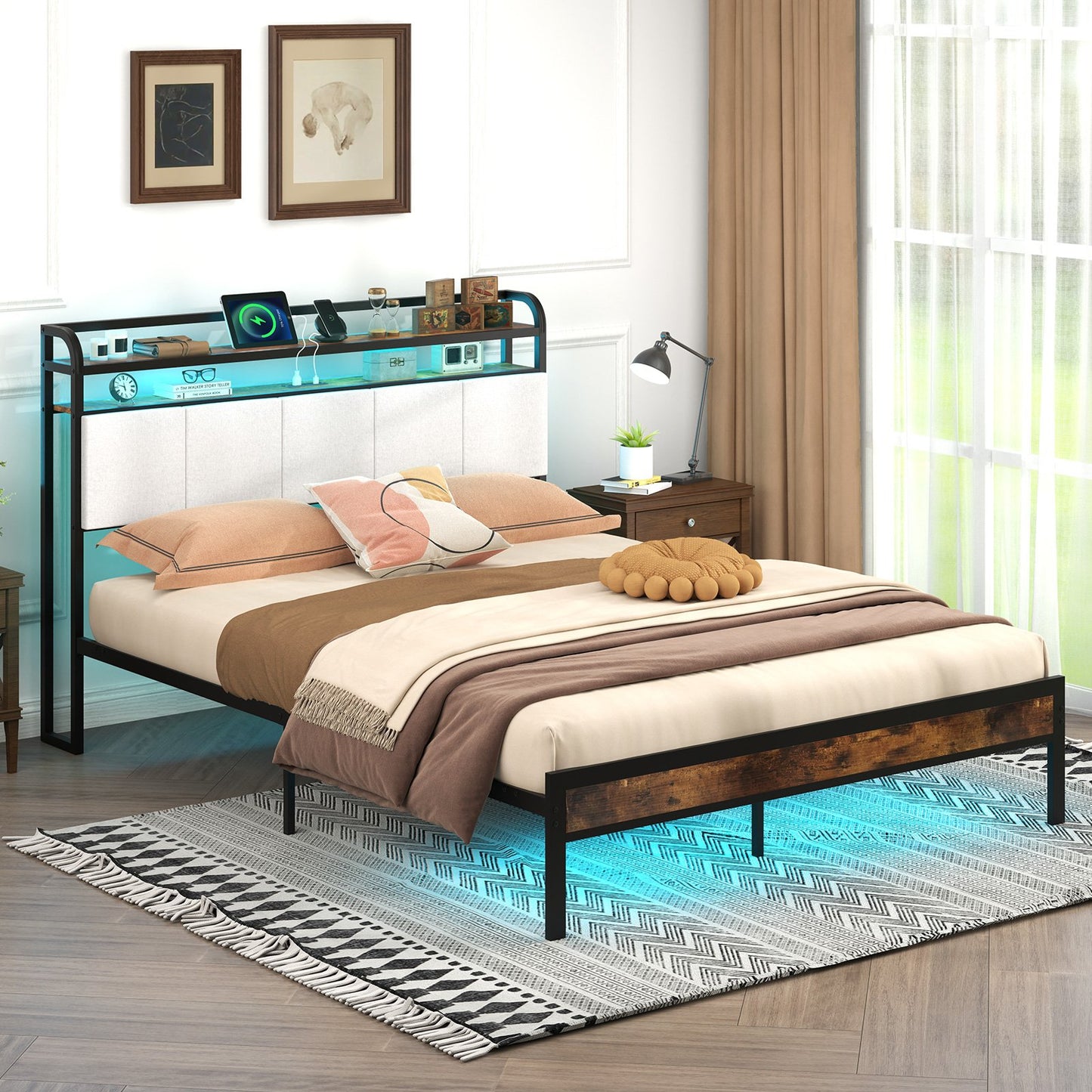 Twin/Full/Queen/King Size Bed Frame with LED Light and Charging Station-Twin Size