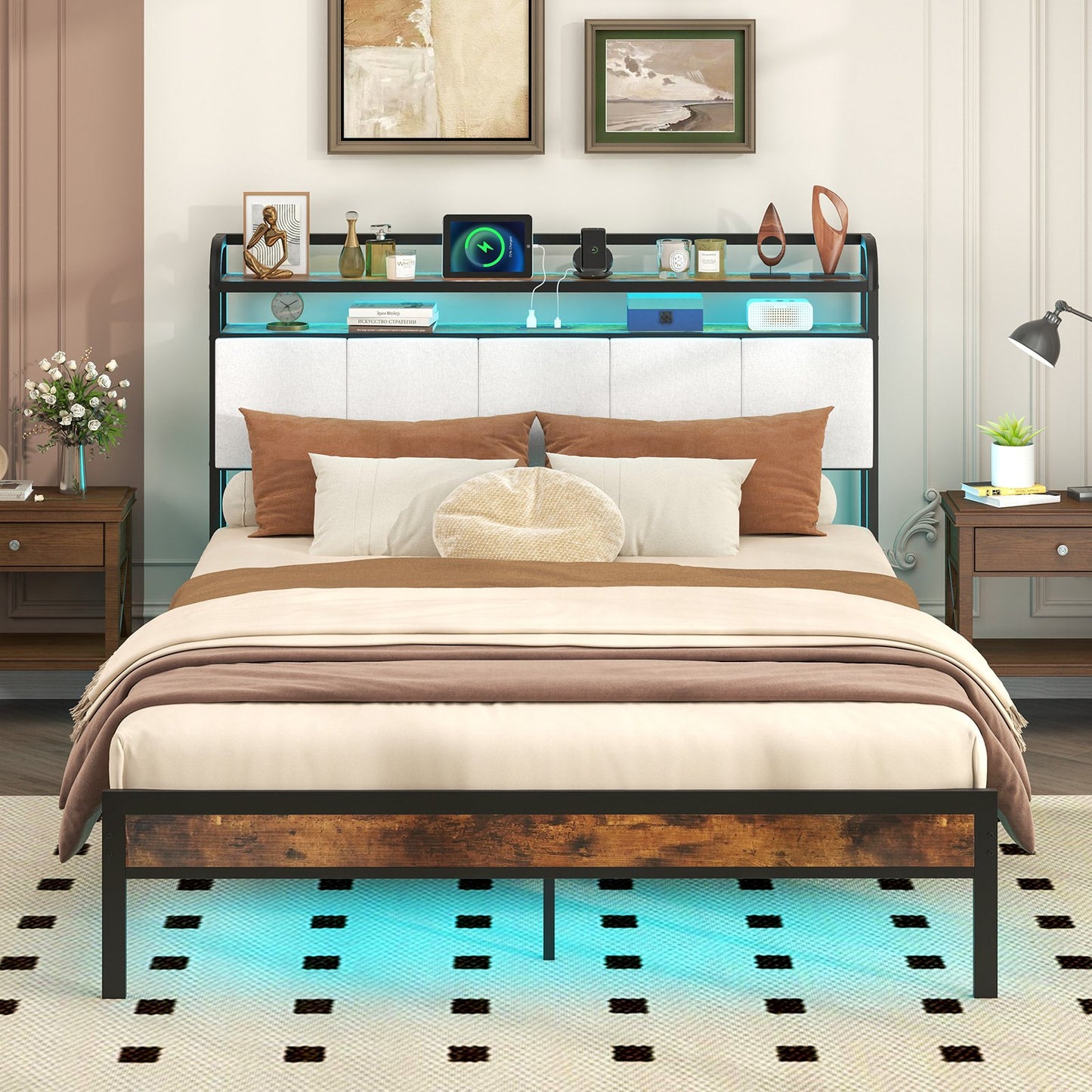 Twin/Full/Queen/King Size Bed Frame with LED Light and Charging Station-Twin Size