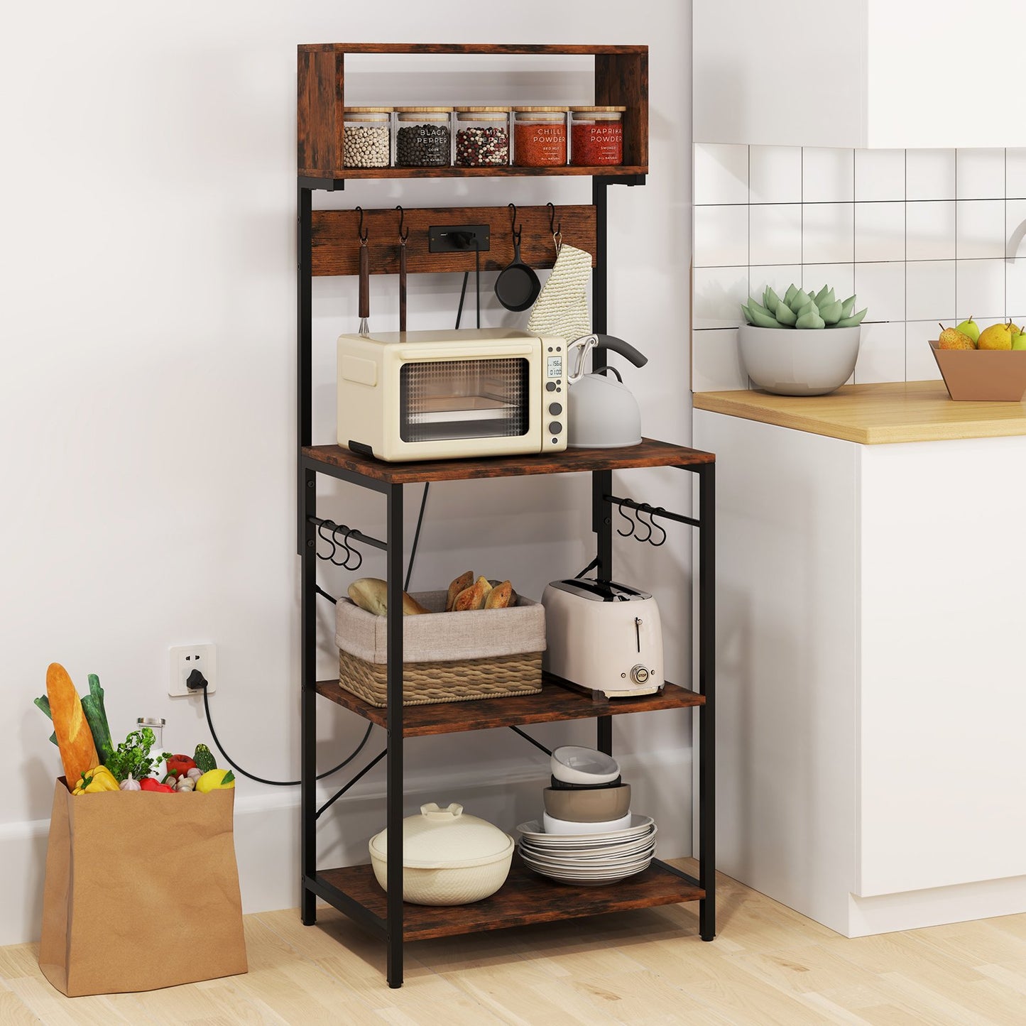 5-Tier Microwave Stand with Power Outlet and 10 S-shape Hooks-Rustic Brown