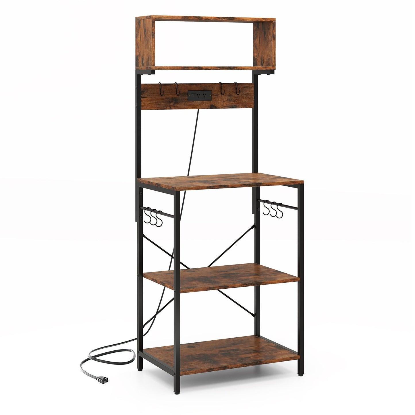 5-Tier Microwave Stand with Power Outlet and 10 S-shape Hooks-Rustic Brown