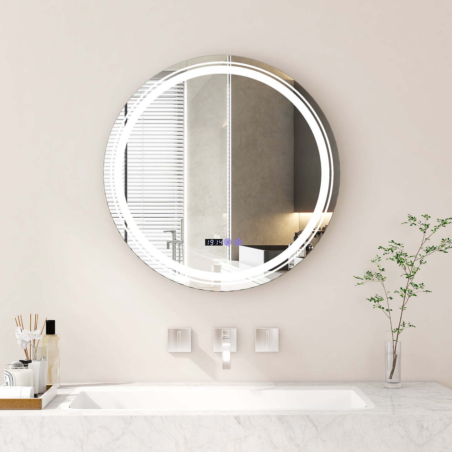 Round LED bathroom mirror with anti-fog feature and three color LED lights, wall-mounted decor by Wilsons Home Store.