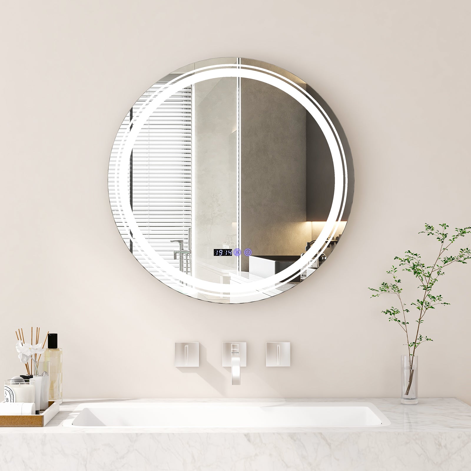 Round LED bathroom mirror with anti-fog feature and three color LED lights, wall-mounted decor by Wilsons Home Store.