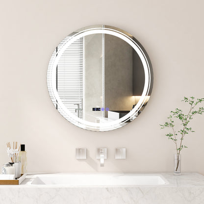 Round LED bathroom mirror with anti-fog feature and three color LED lights, wall-mounted decor by Wilsons Home Store.