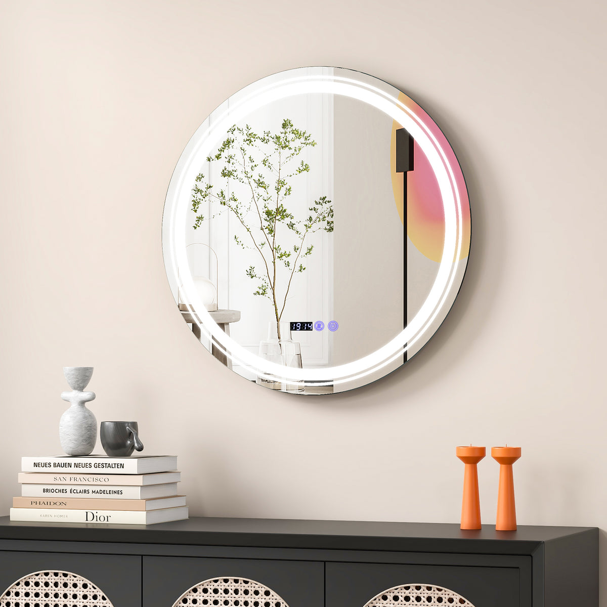 Round LED bathroom mirror with anti-fog feature and 3 color lighting options, wall-mounted decor by Wilsons Home Store.