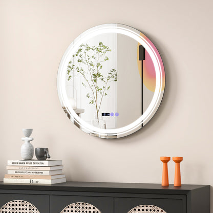 Round LED bathroom mirror with anti-fog feature and 3 color lighting options, wall-mounted decor by Wilsons Home Store.