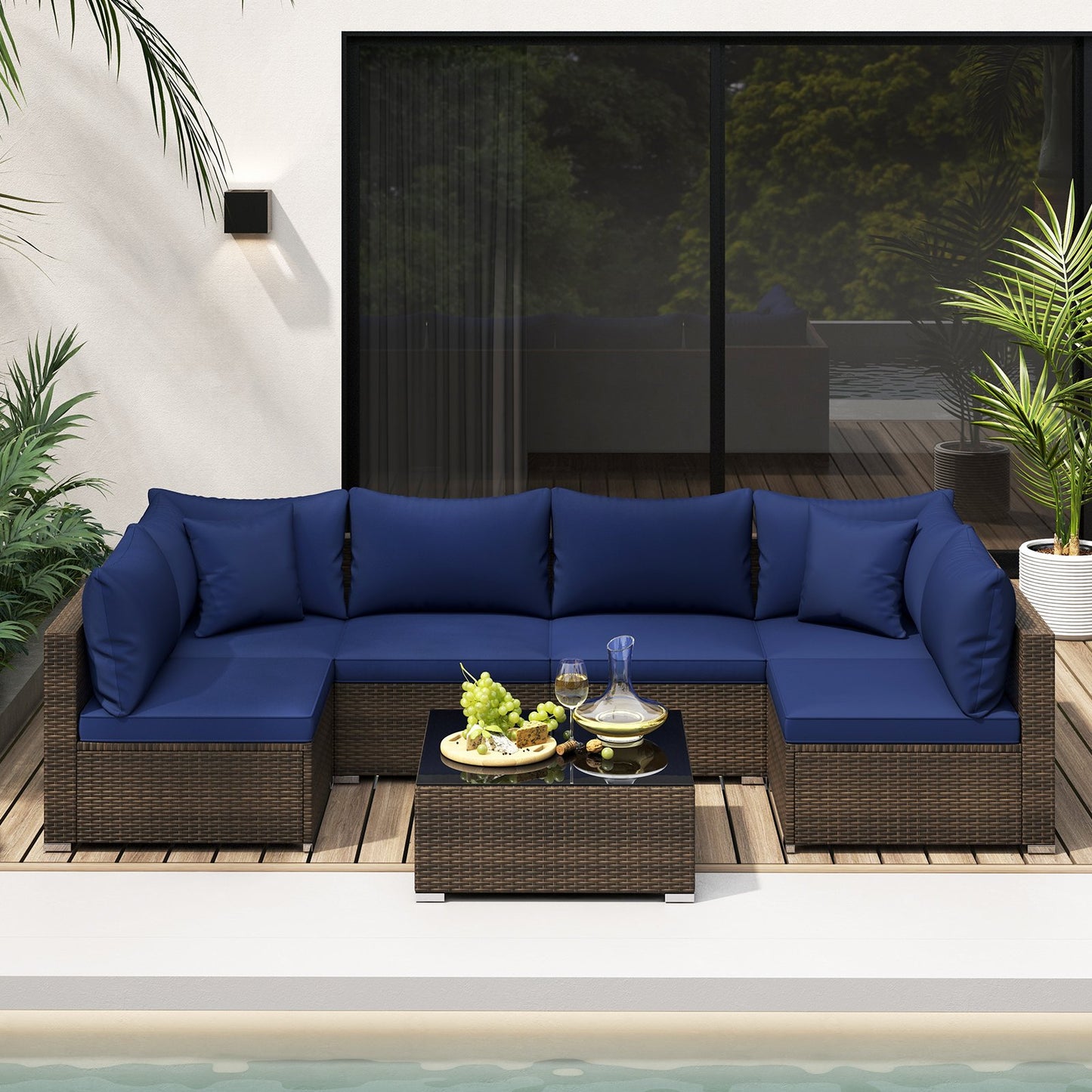 7 Pieces Patio Rattan Furniture Set with Sectional Sofa Cushions-Beige