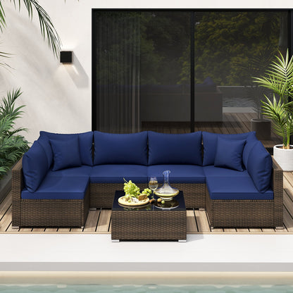 7 Pieces Patio Rattan Furniture Set with Sectional Sofa Cushions-Beige