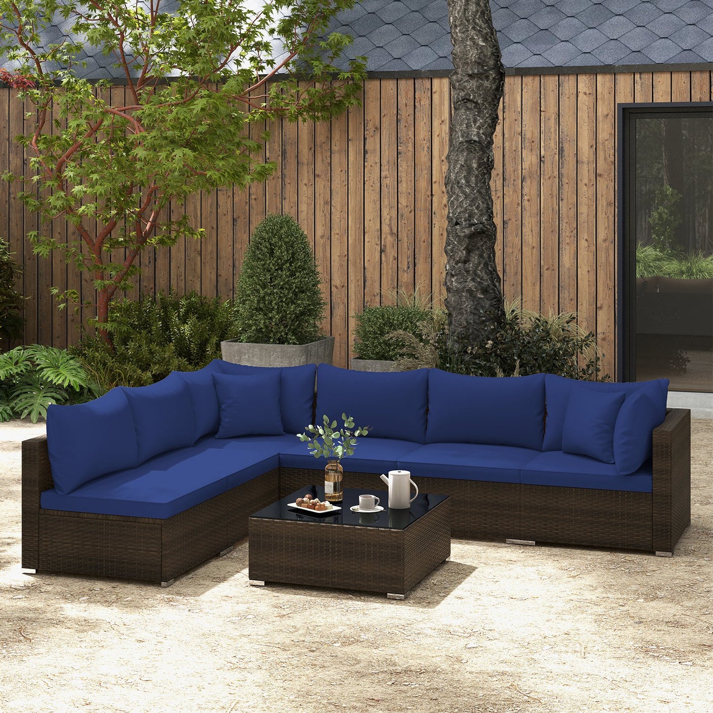 7 Pieces Patio Rattan Furniture Set with Sectional Sofa Cushions-Beige