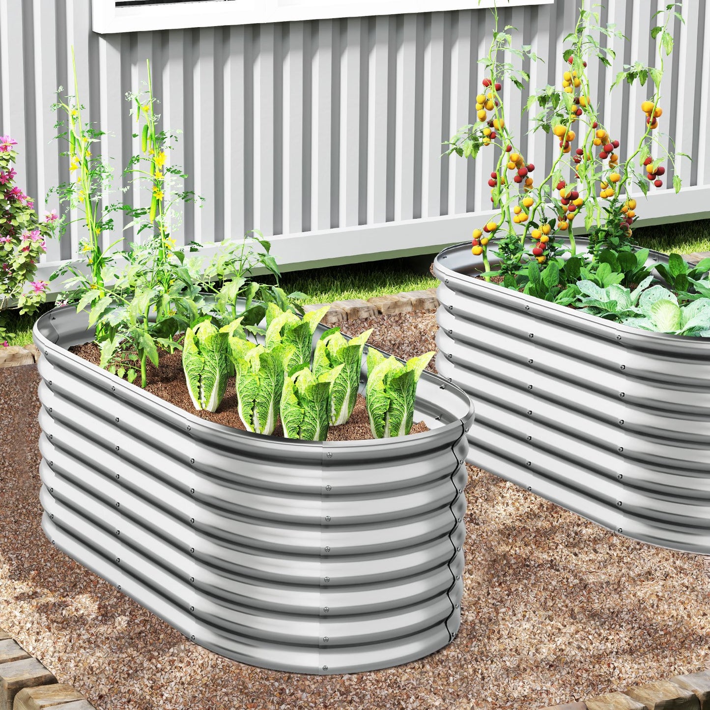 5 x 3 x 2 Feet Metal Oval Raised Garden Bed with Open Bottom Design-Gray