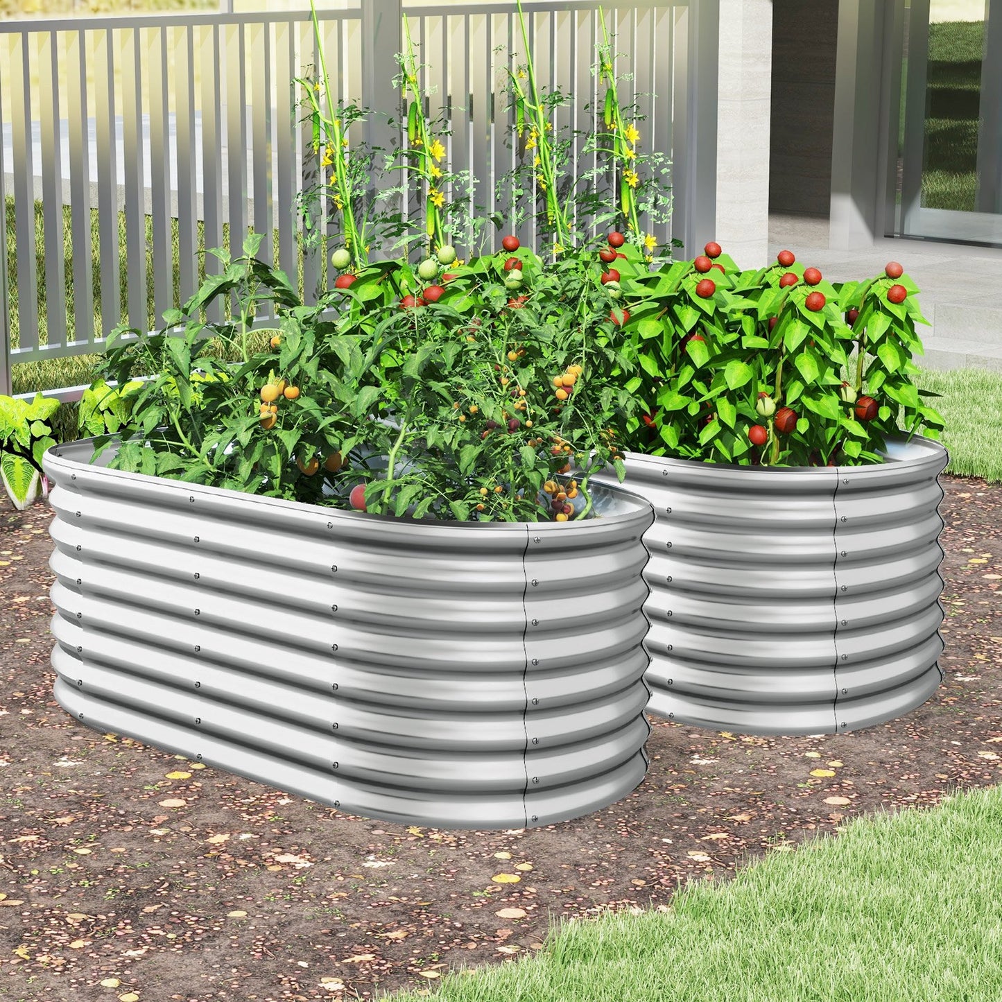 5 x 3 x 2 Feet Metal Oval Raised Garden Bed with Open Bottom Design-Gray