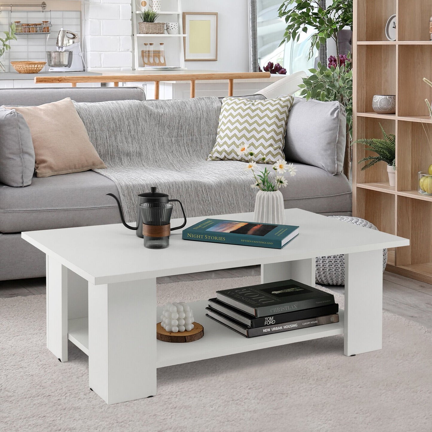 Large 36/41 Inch 2-tier Wooden Modern Coffee Table with Storage Shelf-Black