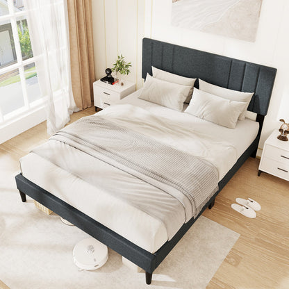 Full/Queen/Twin Size Bed Frame with Vertical Channel Tufted Headboard and Wooden Slats-Queen Size