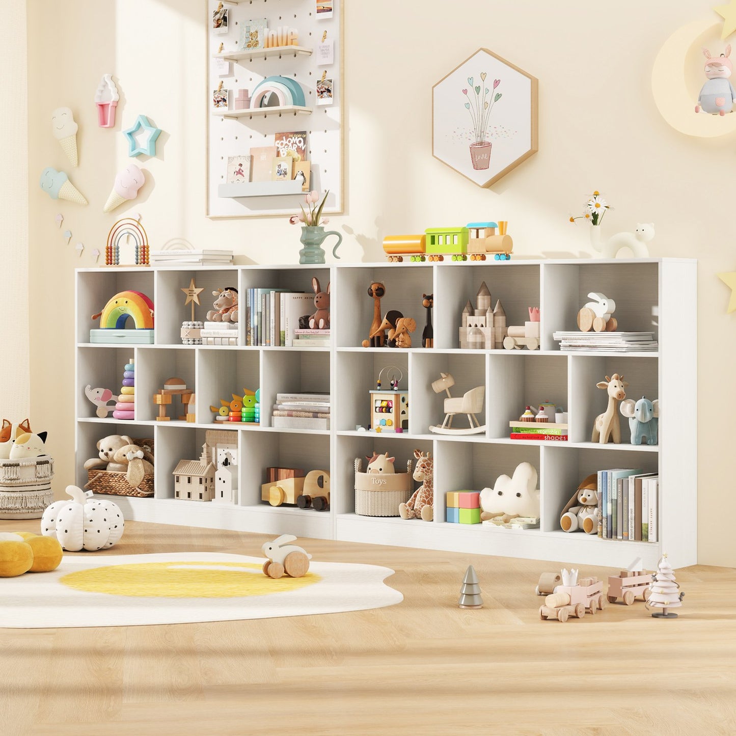 41 inches Wooden Toy Storage Organizer with 10 Cubes for Classroom Daycare Nursery Kindergarten-Natural