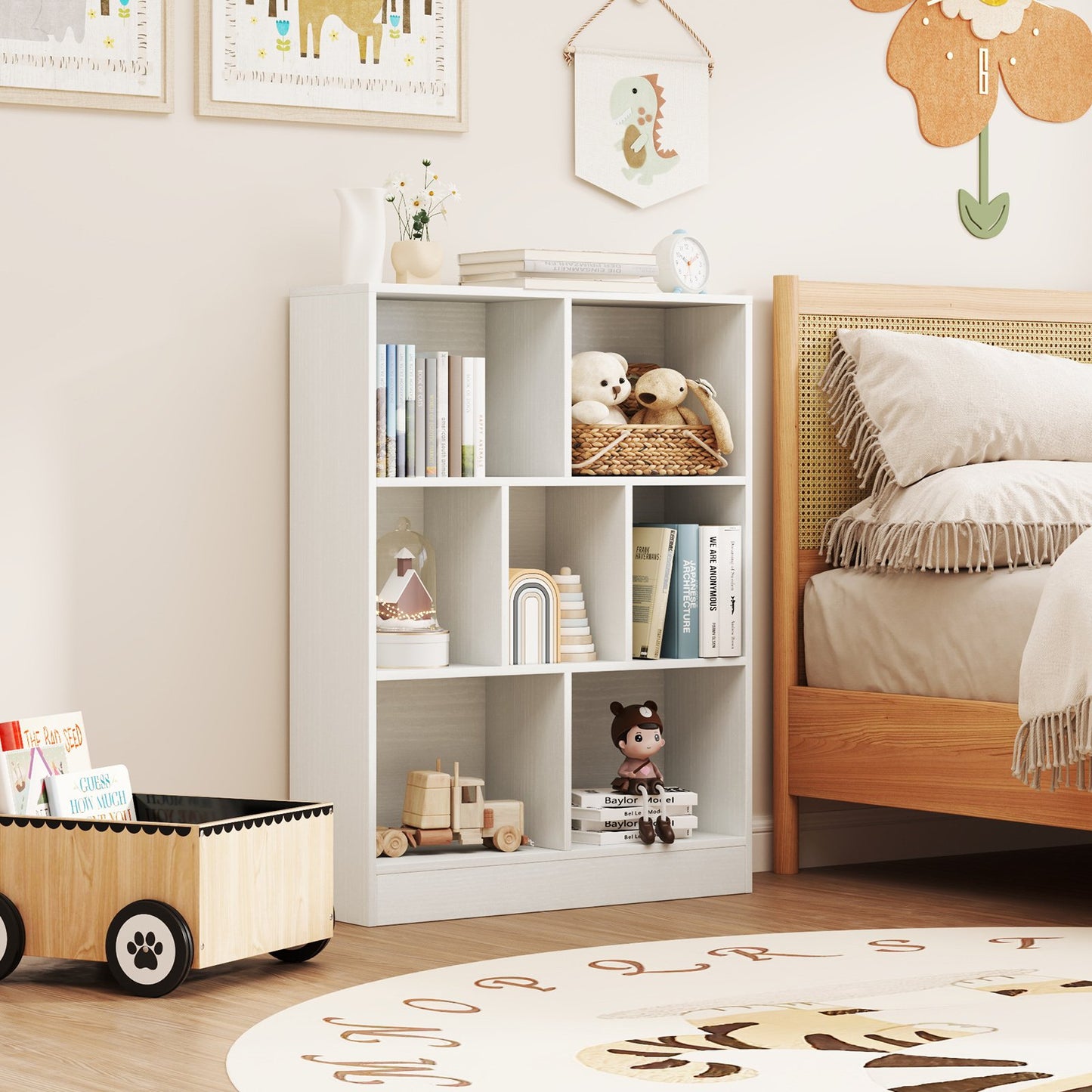 7-Section Freestanding Bookshelf for Kids Room Classroom Daycare Nursery-Natural