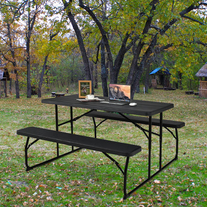 Indoor and Outdoor Folding Picnic Table Bench Set with Wood-like Texture-Black
